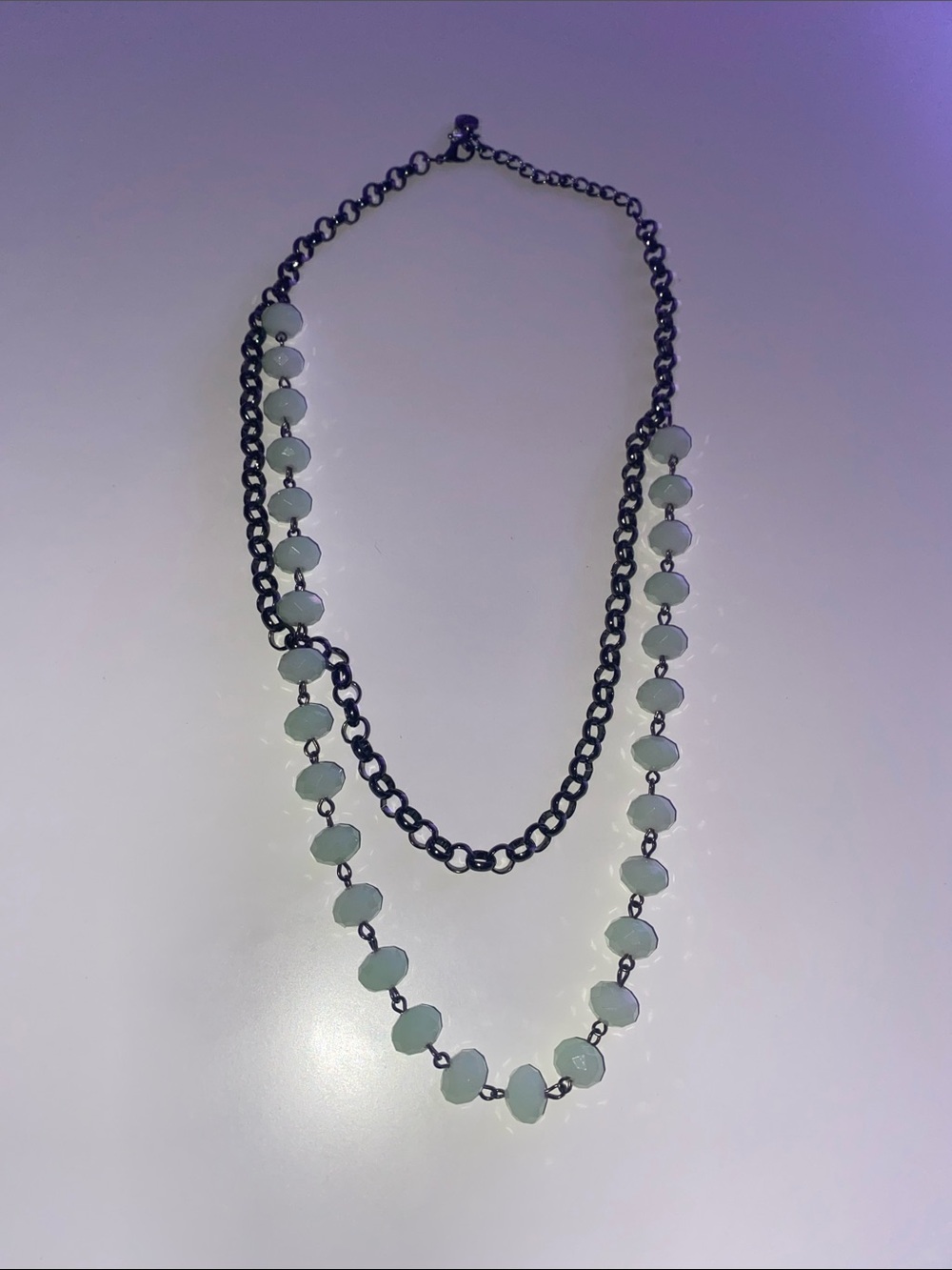 Double Strand Green Bead and Gunmetal Chain Necklace